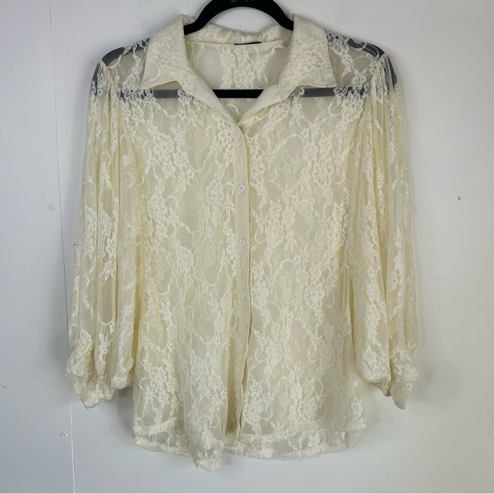 Gorgeous VINTAGE Lace Sheer Balloon Sleeve Blouse Top Fairy Core